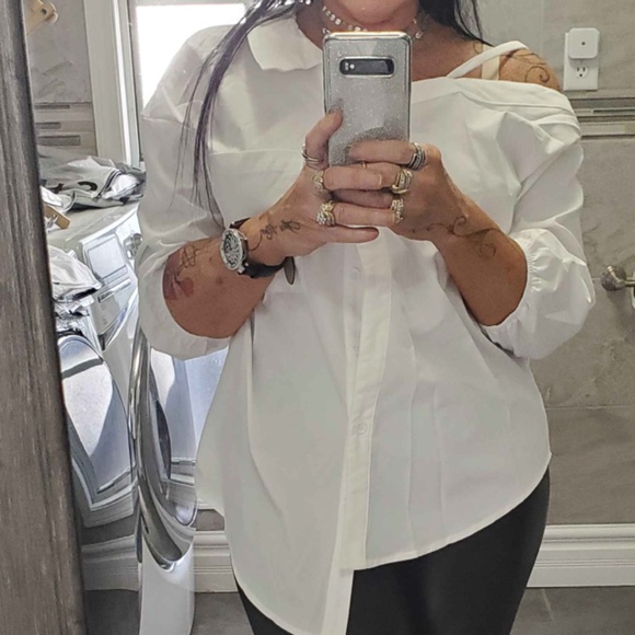 Plus Solid White Button Down Poplin Boyfriend Oversized Shirt - Picture 1 of 6